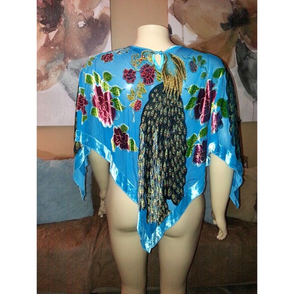Lane Bryant Blue Peacock Floral Beaded Poncho One Size 14/20 EUC - Picture 4 of 6